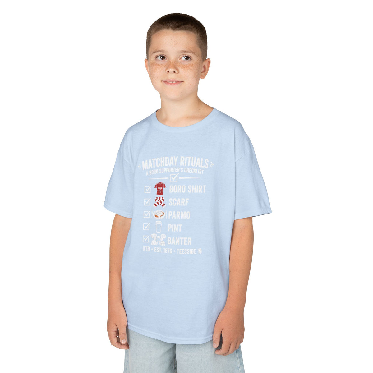 Kids Matchday Rituals Boro Football T‑Shirt — ‘Boro Shirt, Scarf, Panno, Pint, Banter’ Get ready for the match