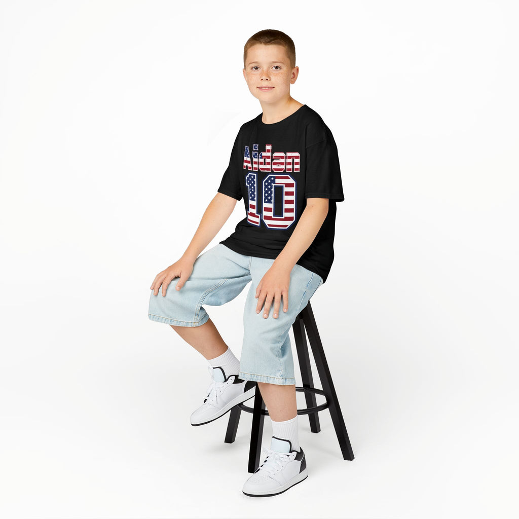 Kids Shirt 'Aiden 10' American Flag BORO Shirt, Aidan Morris is our Number 10 'Front print'