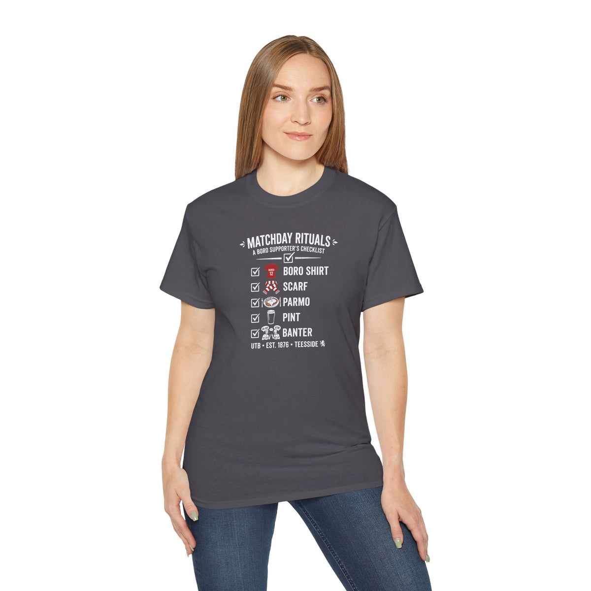 Matchday Rituals Tee — Boro Shirt, Scarf, Parmo, Pint & Banter Football T‑Shirt