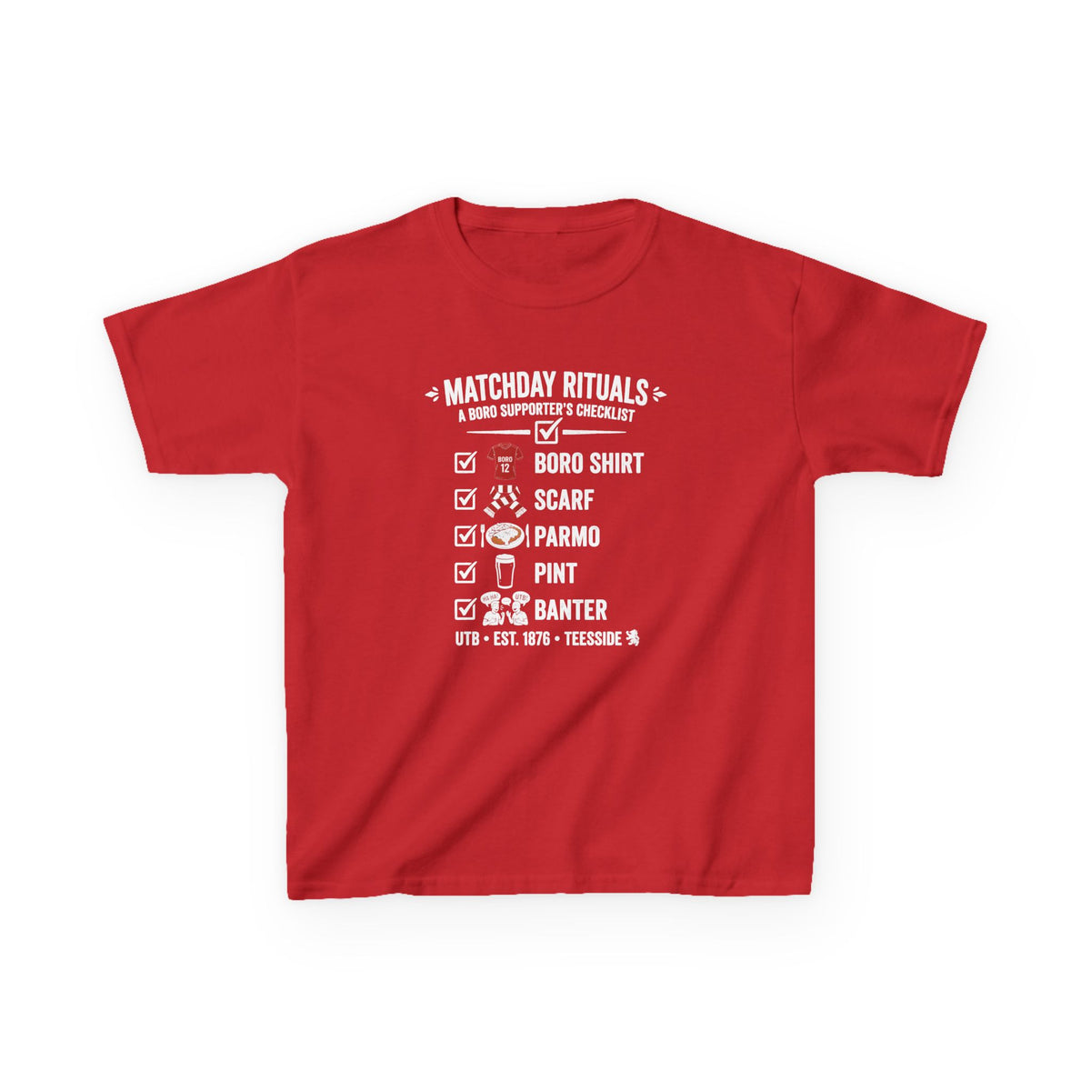 Kids Matchday Rituals Boro Football T‑Shirt — ‘Boro Shirt, Scarf, Panno, Pint, Banter’ Get ready for the match
