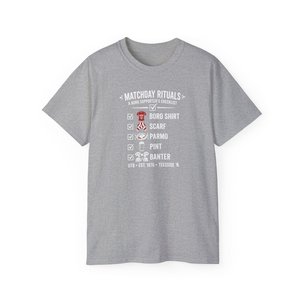 Matchday Rituals Tee — Boro Shirt, Scarf, Parmo, Pint & Banter Football T‑Shirt