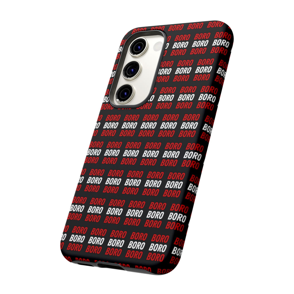 BORO BORO BORO Pattern Phone Case — Bold Red & White Repeating Text Protective Cover