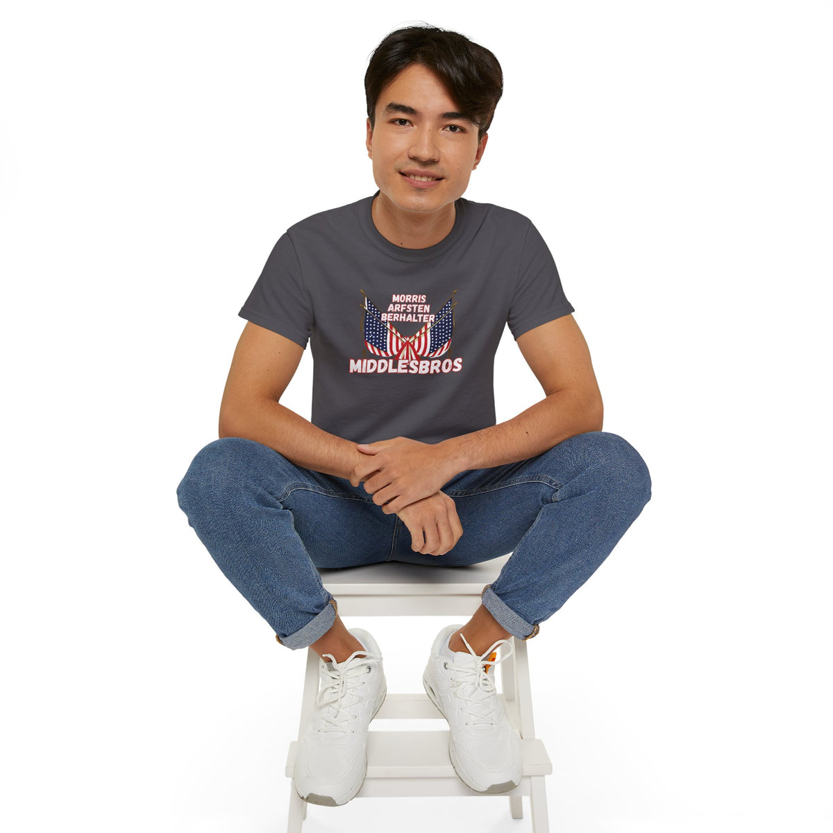American Flag Graphic Cotton T-Shirt - Morris, Arfsten and Berhalter - Patriotic 'Middlesbros' Tee