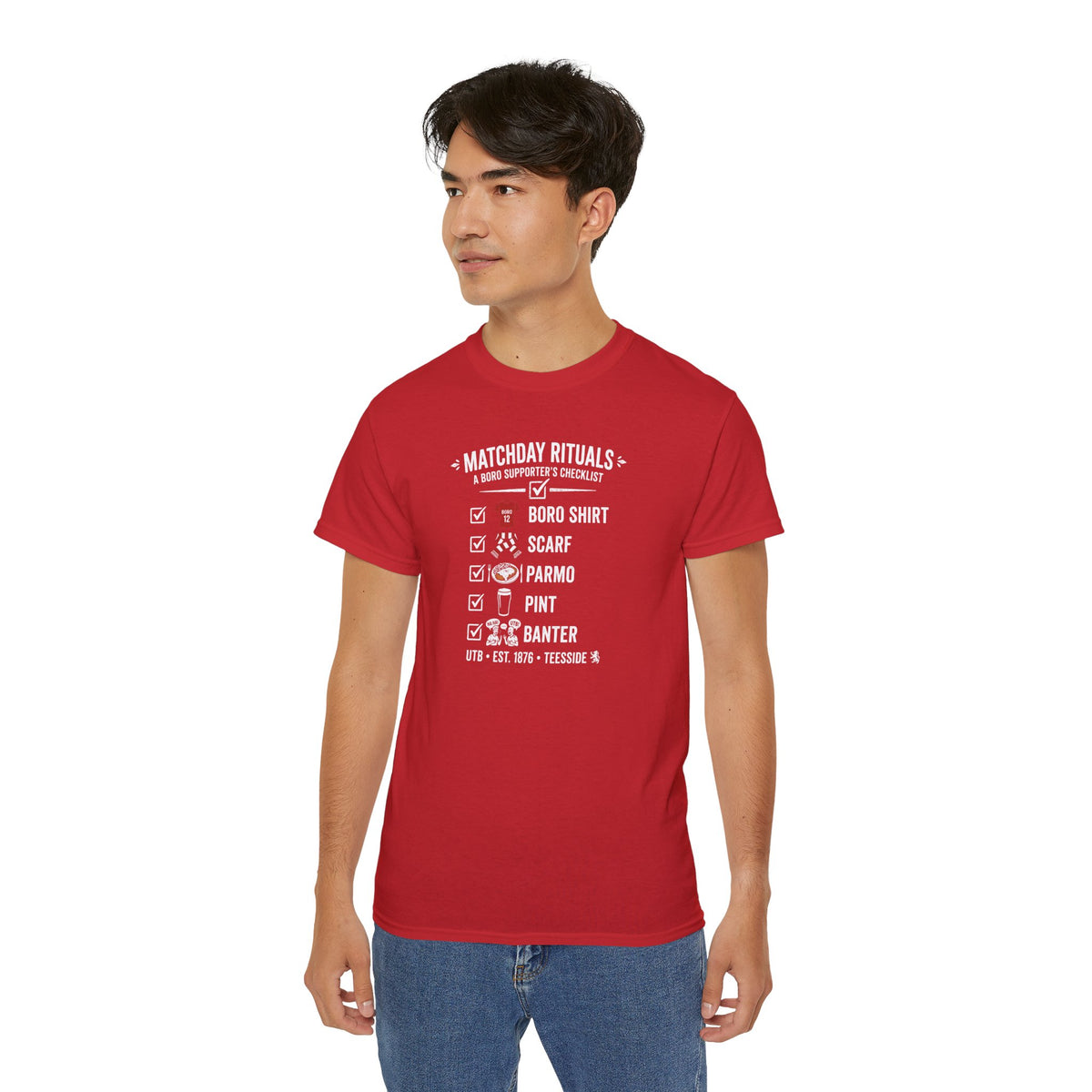 Matchday Rituals Tee — Boro Shirt, Scarf, Parmo, Pint & Banter Football T‑Shirt