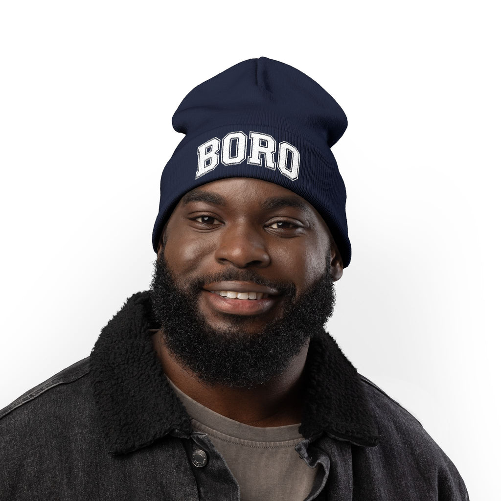 BORO Embroidered Knit Beanie — Vintage College Cuffed Winter Hat
