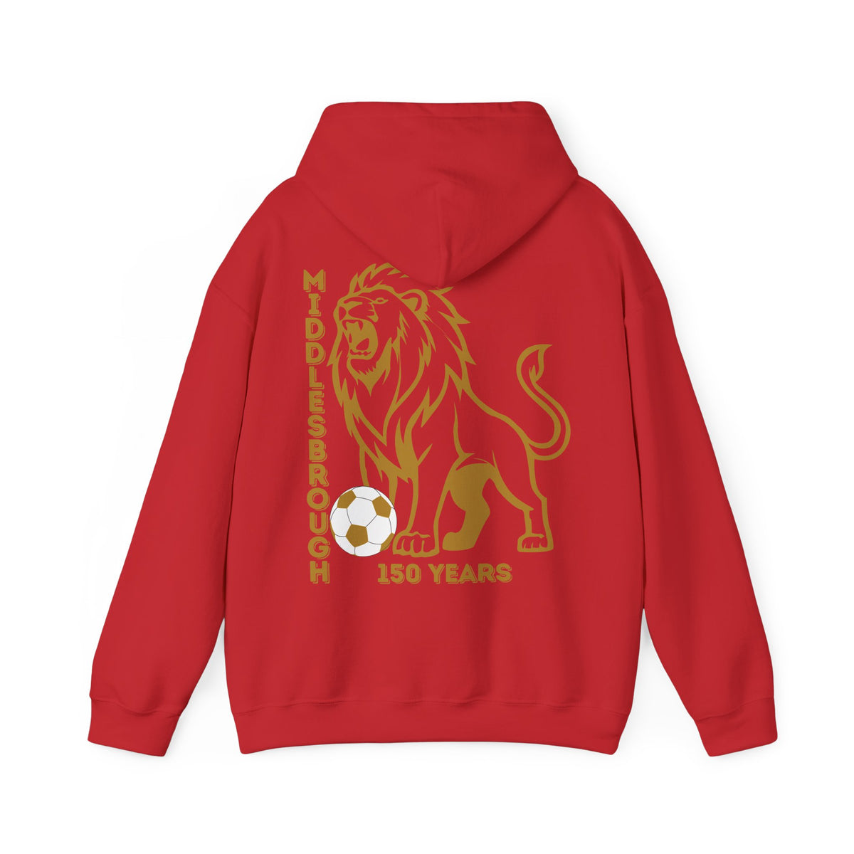 Large Middlesbrough Footballing Lion Crest Hoodie — Boro 150 Years GOLD Anniversary Hooded Sweatshirt 'back print only'