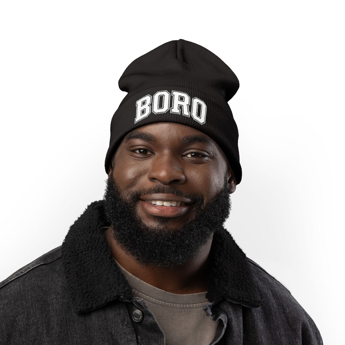 BORO Embroidered Knit Beanie — Vintage College Cuffed Winter Hat