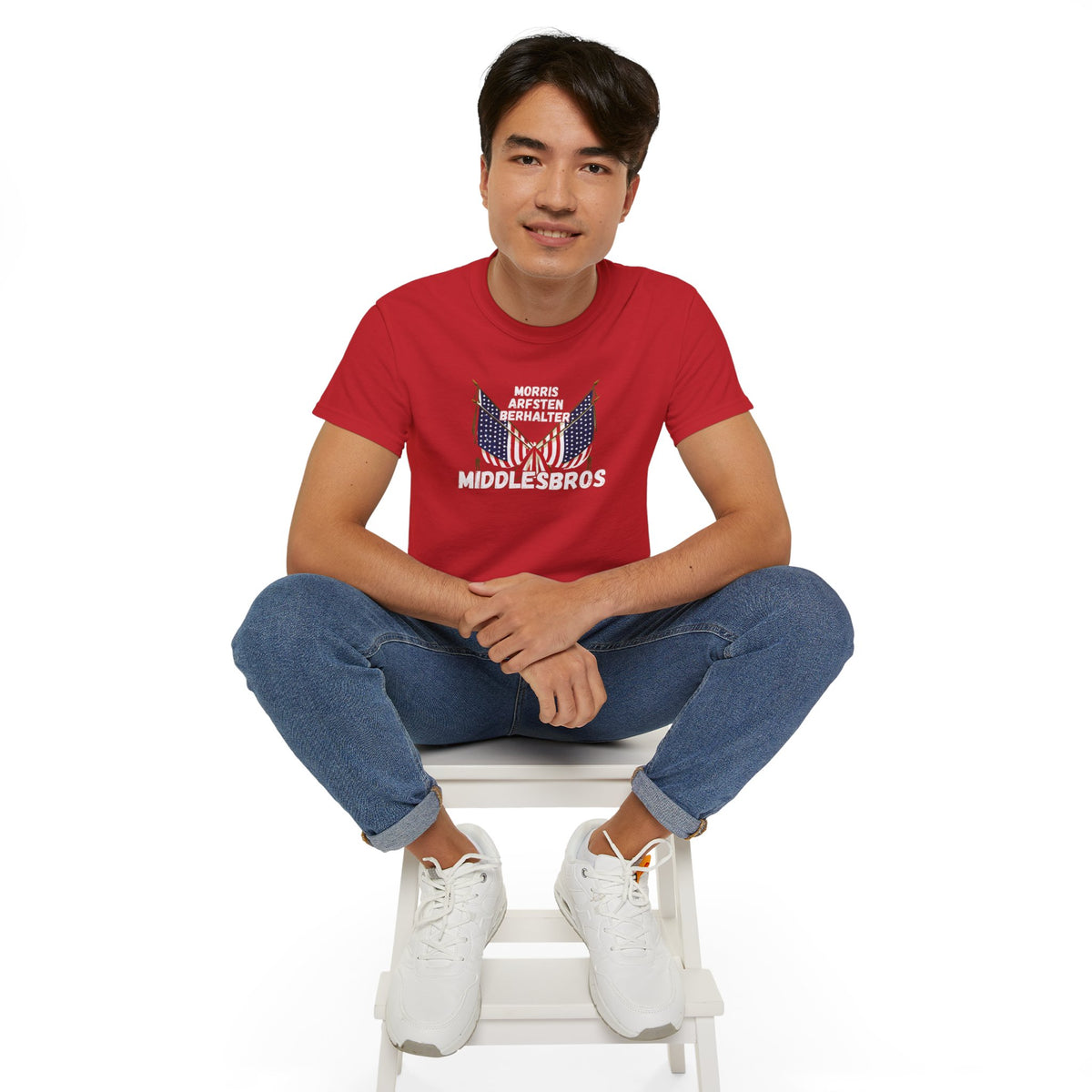 American Flag Graphic Cotton T-Shirt - Morris, Arfsten and Berhalter - Patriotic 'Middlesbros' Tee