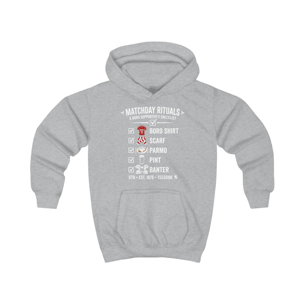 Kids Hoodie — Matchday Rituals Football Fan Hooded Sweatshirt (Boro Shirt, Scarf, Pint)