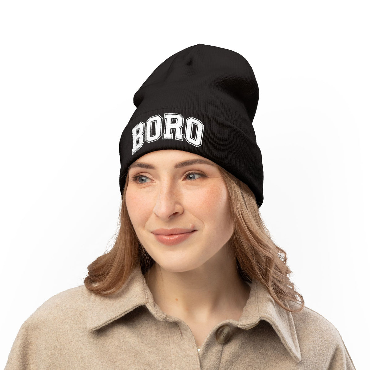 BORO Embroidered Knit Beanie — Vintage College Cuffed Winter Hat