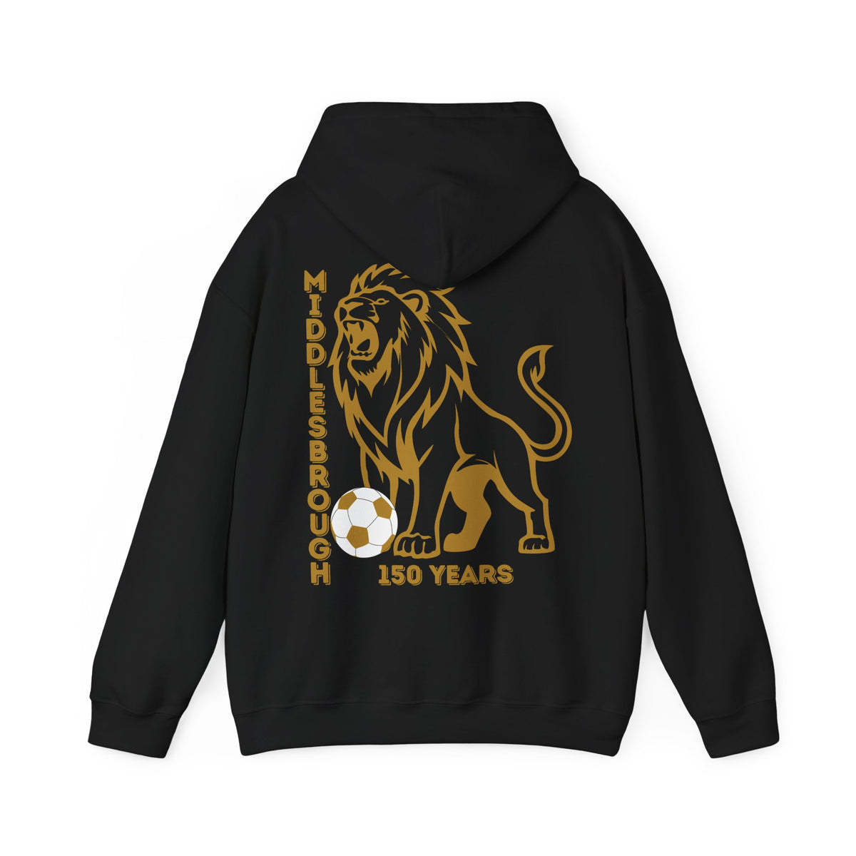 Large Middlesbrough Footballing Lion Crest Hoodie — Boro 150 Years GOLD Anniversary Hooded Sweatshirt 'back print only'