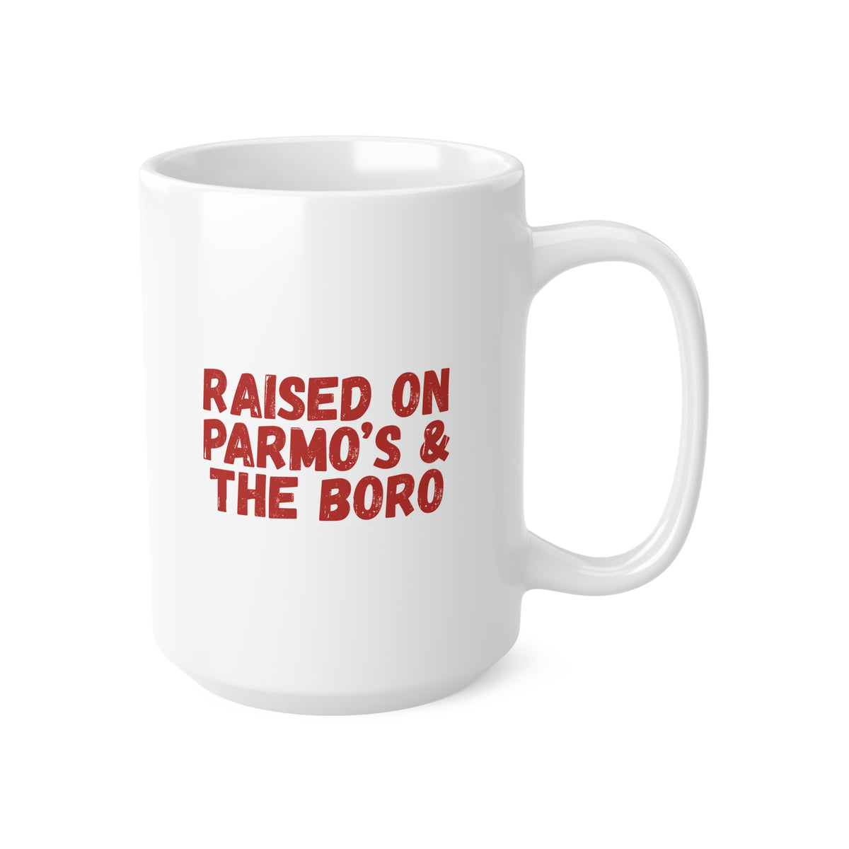 Raised on Parmo's & The Boro Mug — Funny Middlesbrough Ceramic Coffee Cup