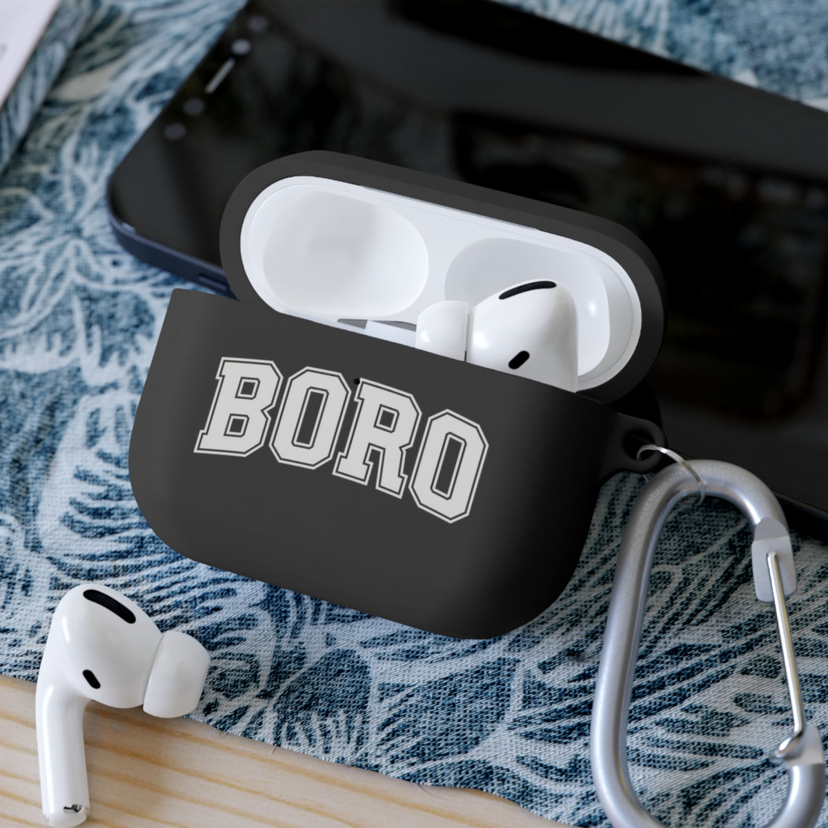 BORO Collegiate AirPods Case Cover — Black Silicone with Carabiner